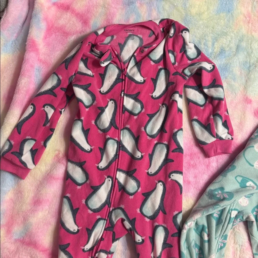 2/$10 5T Carter's Pink and Blue Penguin Footies pajamas